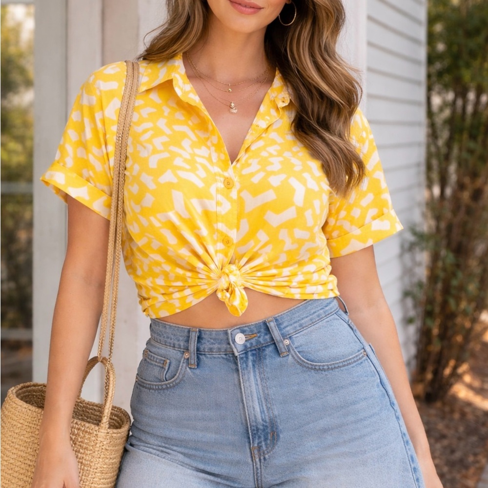 90’s Retro Chaus Yellow and White Dopamine Print Short Sleeve Button-Down Shirt